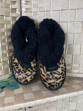 Ugg Coquette Butterscotch Panther Print Cow Hair Slide On Slippers Size 9